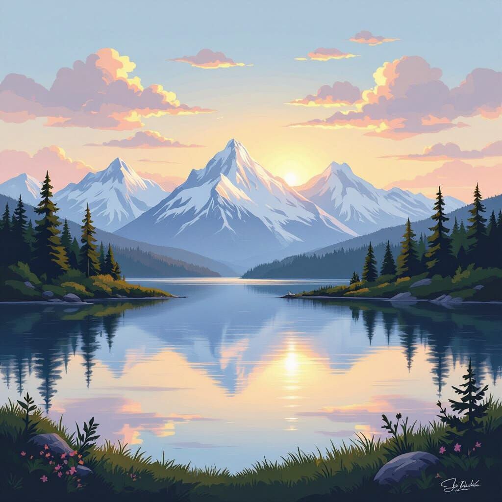 Pastel Sunset Over Mountain Lake, Bob Ross Style