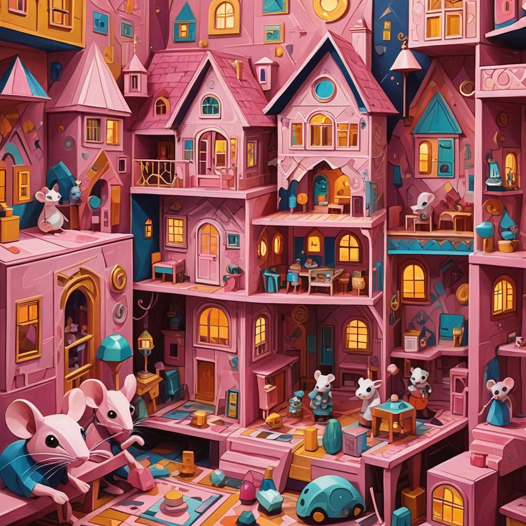Whimsical Mouse Dollhouse in Cubist Style