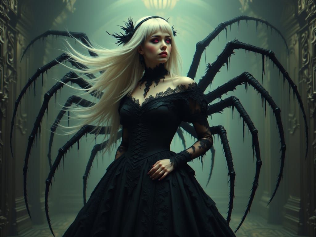 Dark Fantasy Goddess with Spider Legs in Victorian Gown