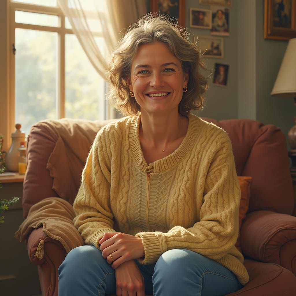 Warm Mother in Sunny Living Room, Rockwell Style