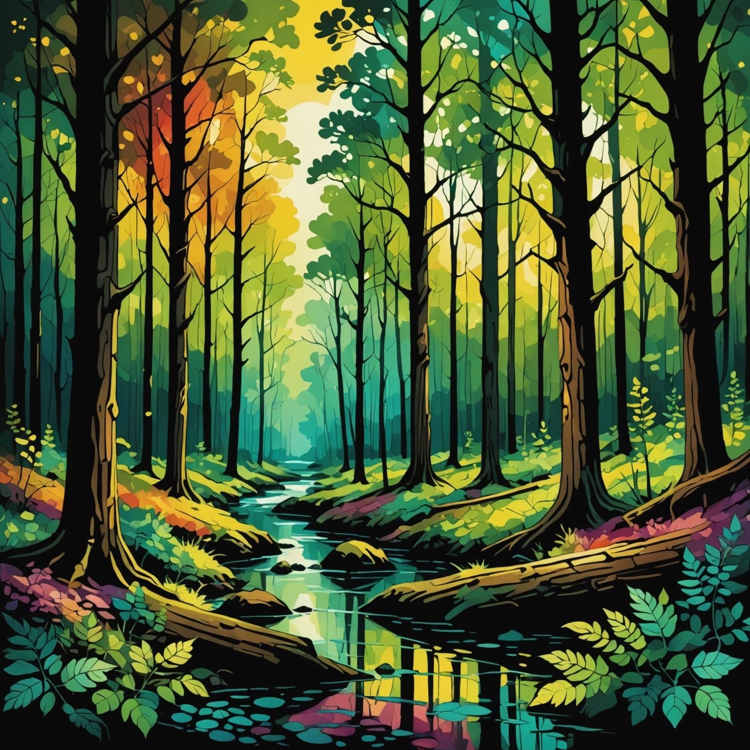 Colorful Cartoon Forest in Chiaroscuro Lighting