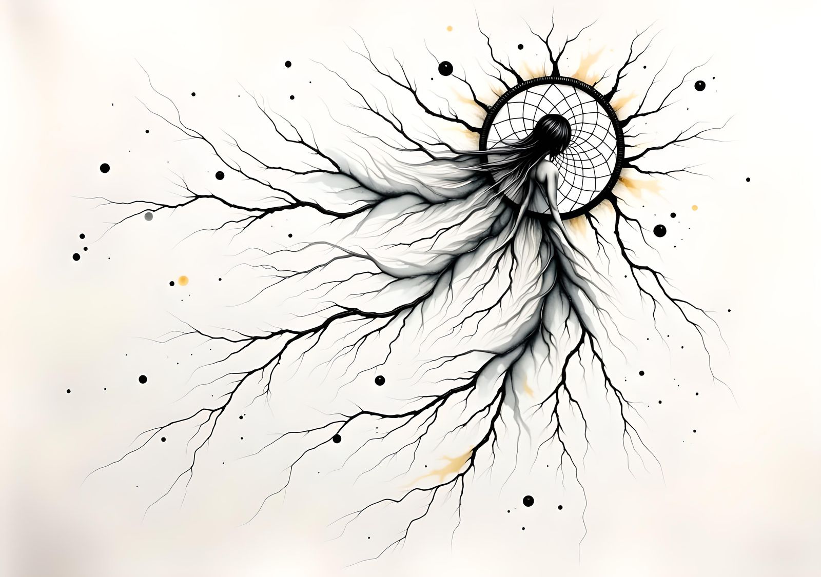 Abstract Fairy Emerging from Dreamcatcher in Optical Art Sty...