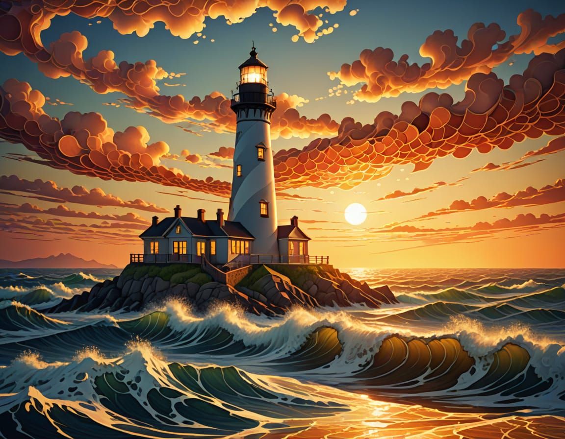 Lighthouse Sunset with Fractal Waves in 3D