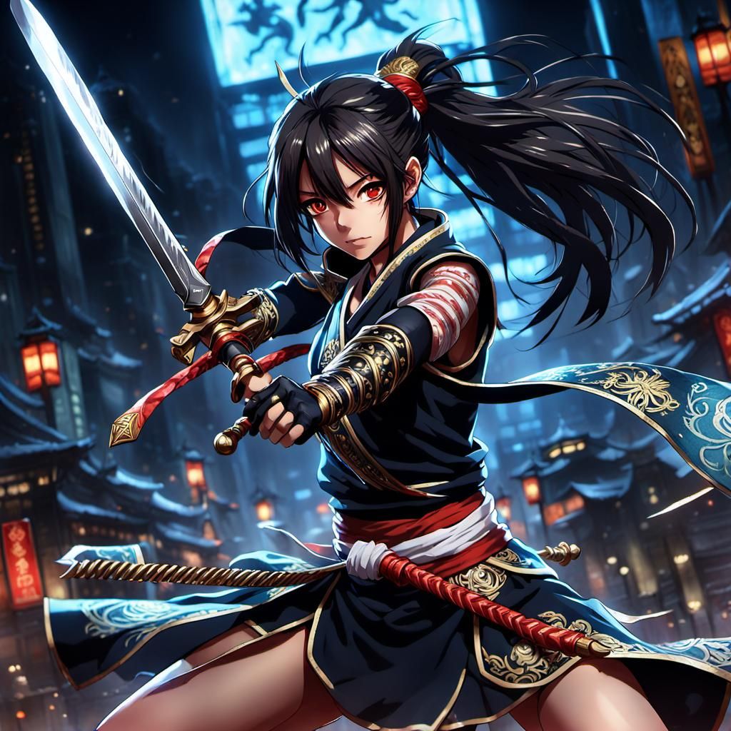 Anime Girl Battles Rakion Enemies in Dark Fantasy Style