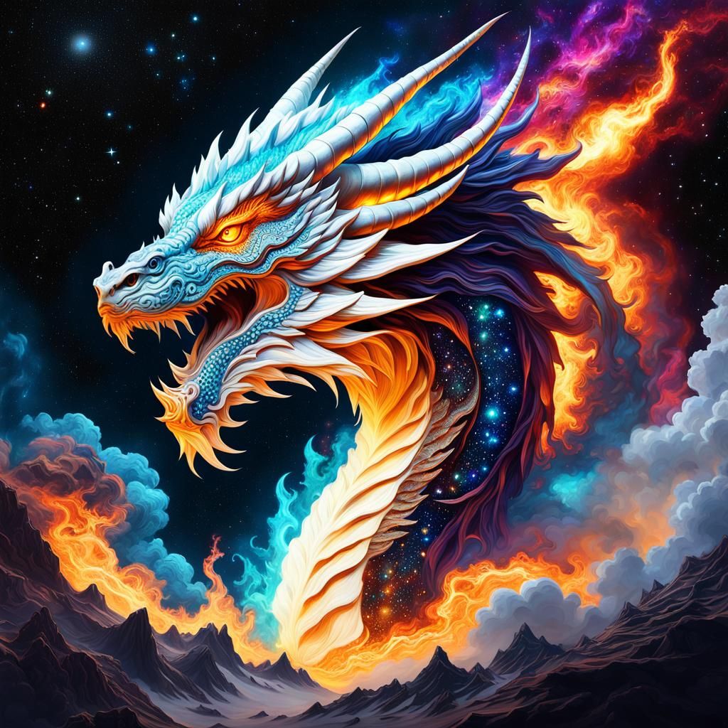 Fiery Dragon Soaring Through Iridescent Galaxy