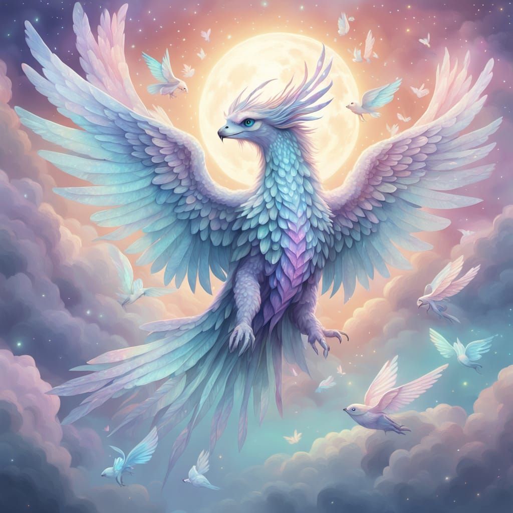 Celestial Creature Protecting Orphans in Dreamy Pastel Art
