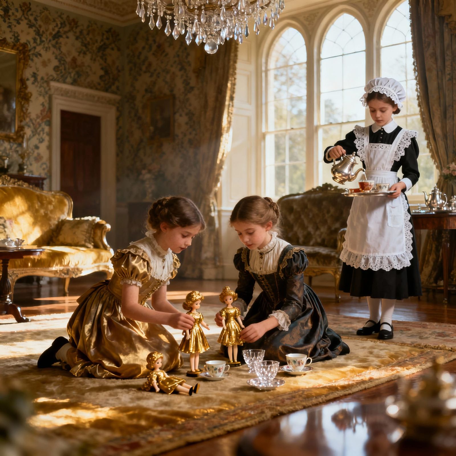Victorian Aristocrat Girls Play in Opulent Room