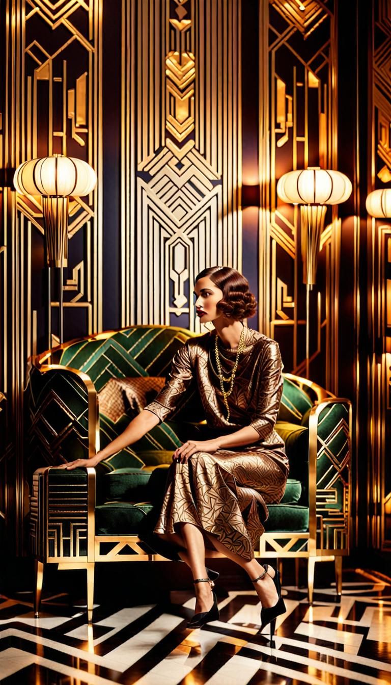 Woman in Opulent Art Deco Apartment Interior