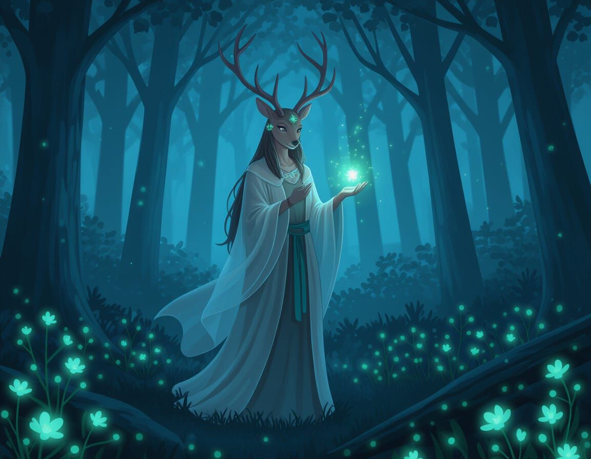 Mystical Deer Woman in Misty Forest