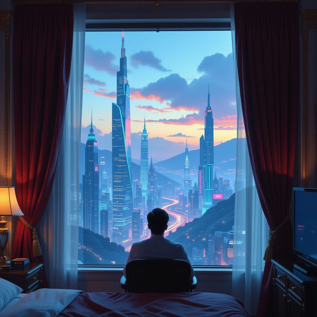 Dreamlike Cityscape View from Hotel in Dystopian Future