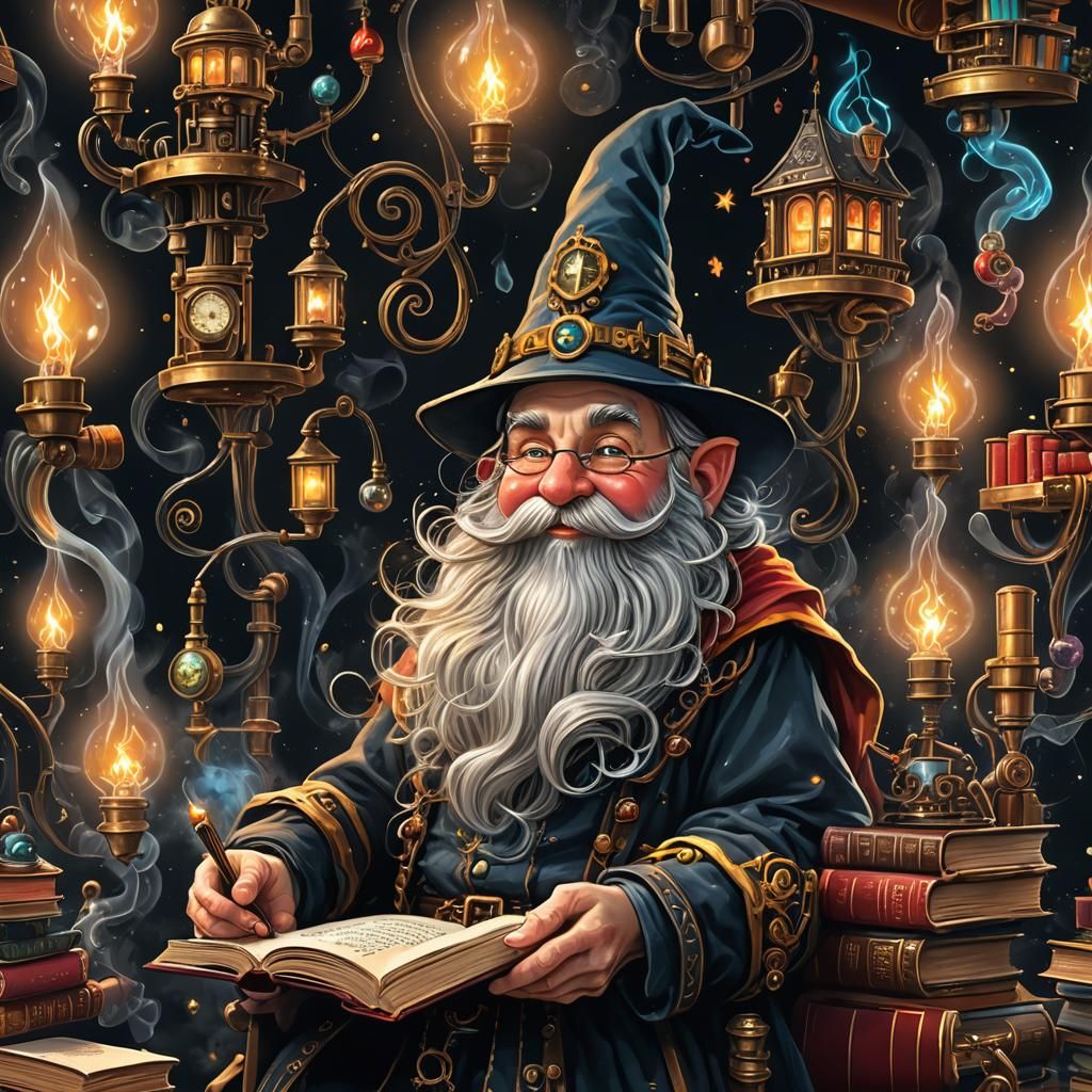Dieselpunk Gnome Machine in Library, Storybook Illustration