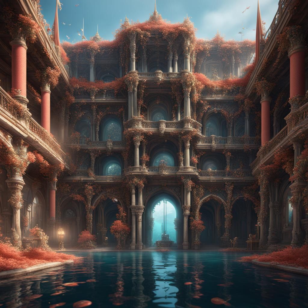 Underwater Palace with Pearls and Coral: Detailed Matte Pain...