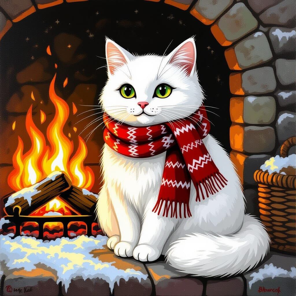 White Felt Cat by Fireplace in Beatrix Potter Style