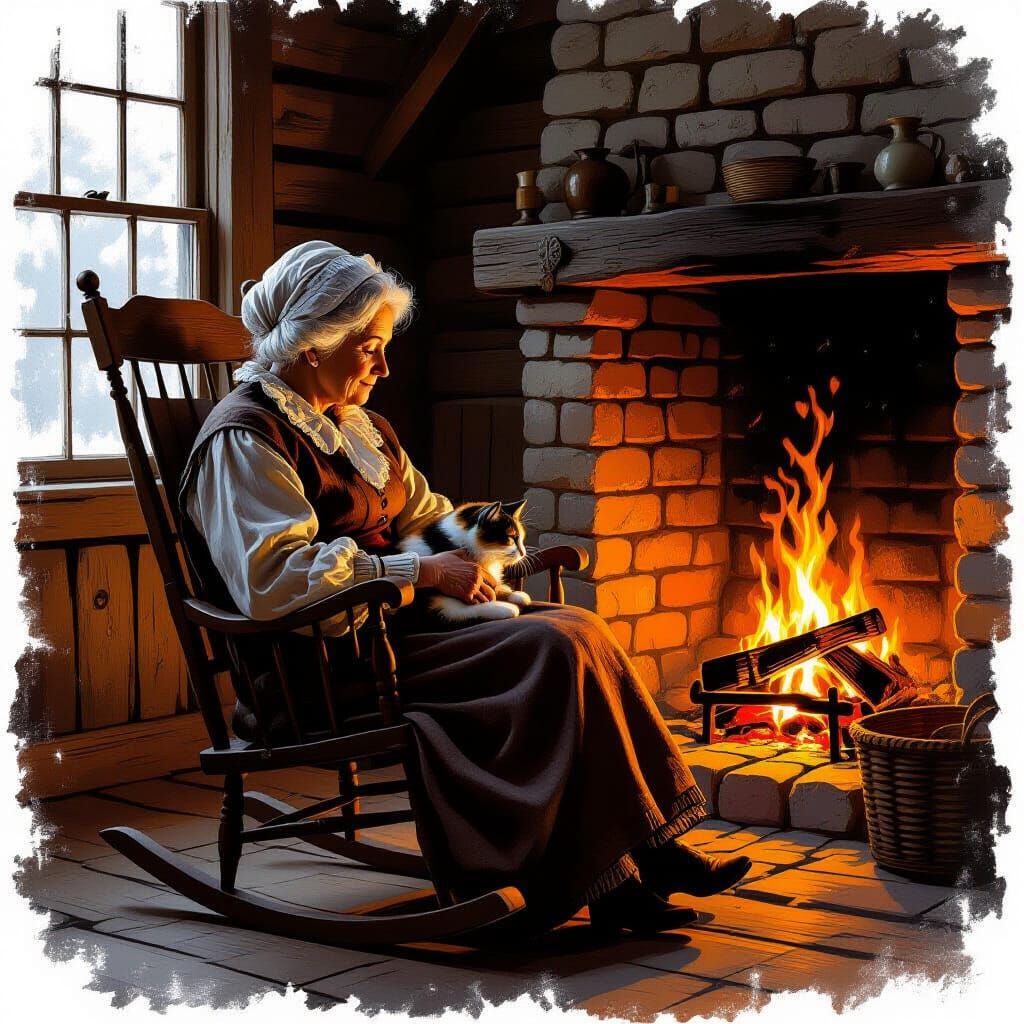 Cozy Cabin Scene: Elderly Woman Pets Cat by Fireplace