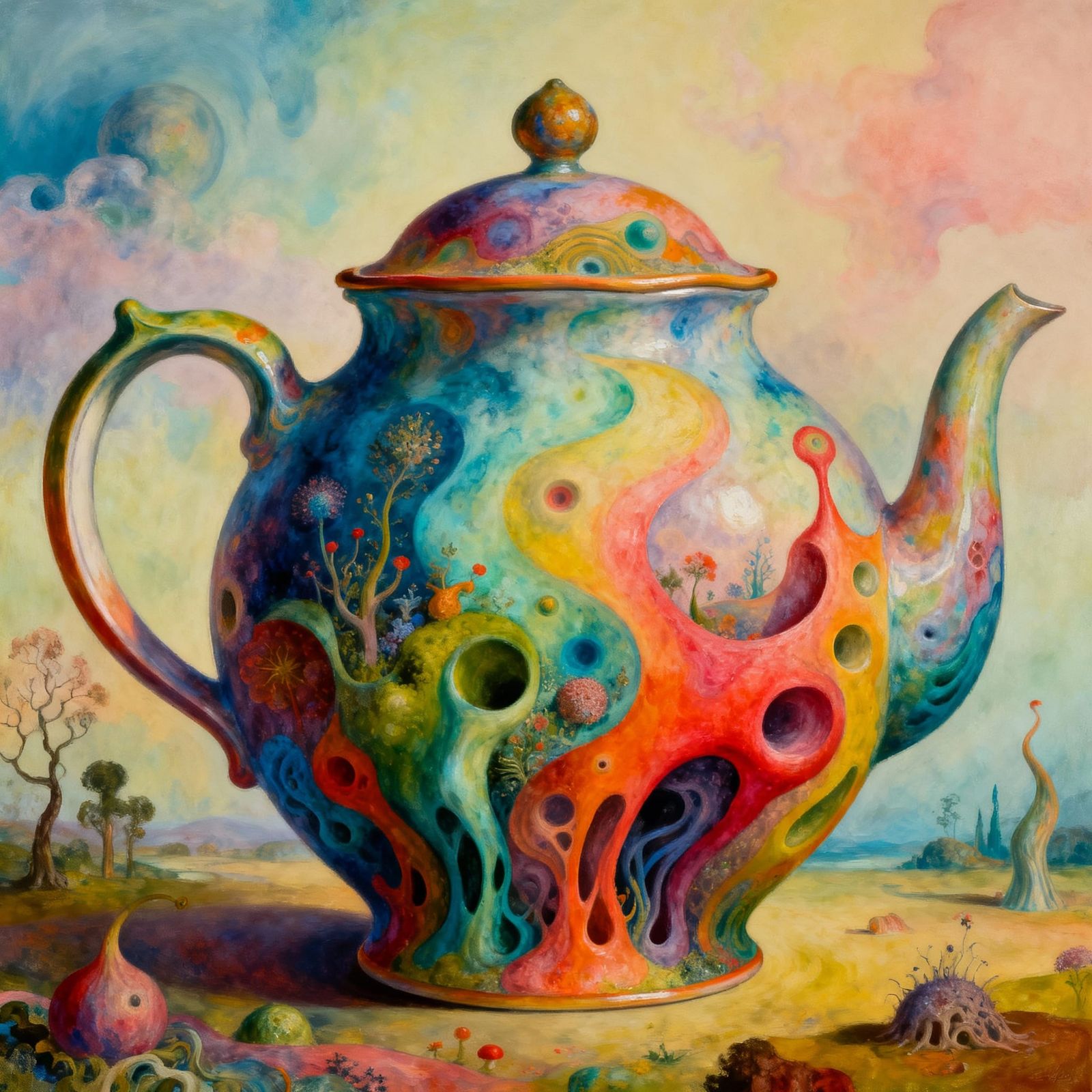 Unique Colorful Teapot in Max Ernst Style