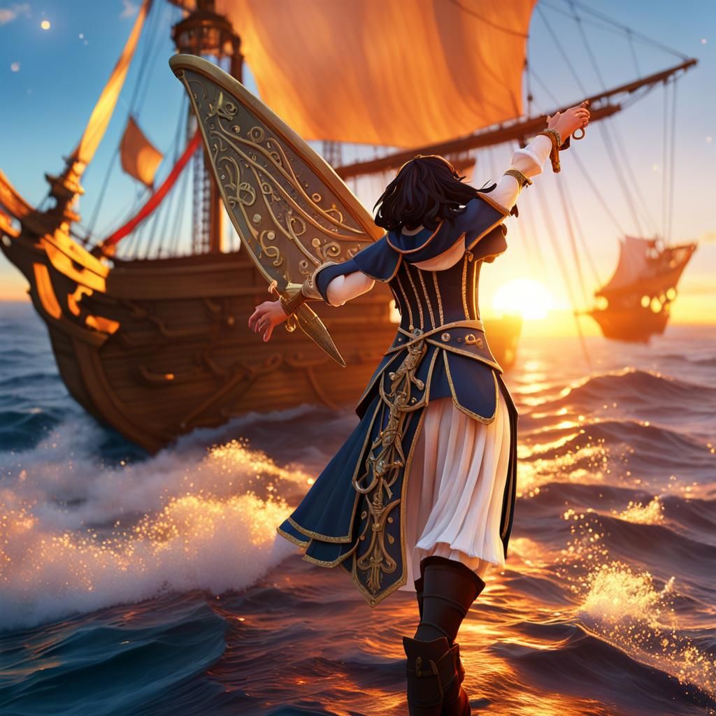 Anime Fairy Pirate on Ship at Sunset