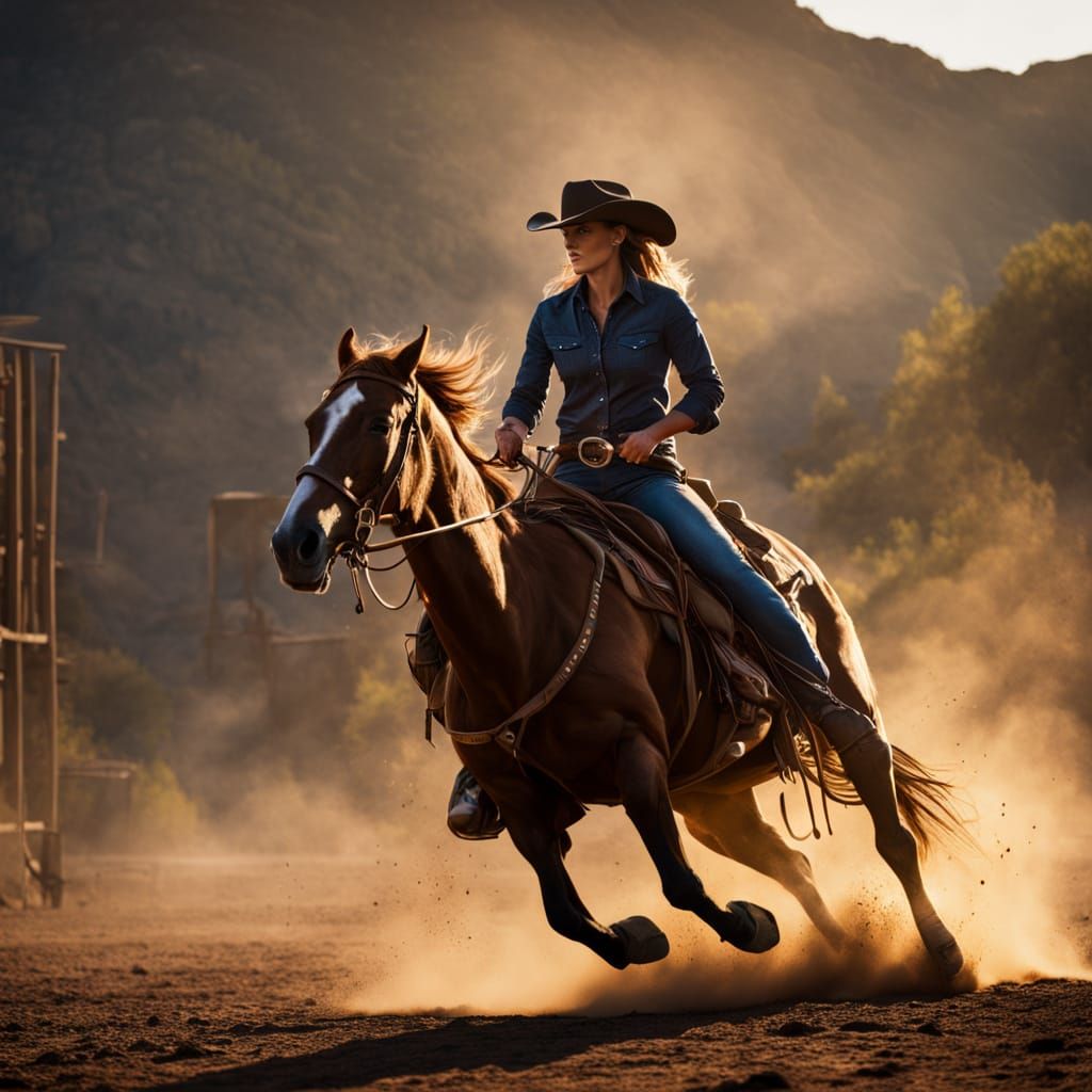Rodeo Cowgirl on Horseback in Western Film
