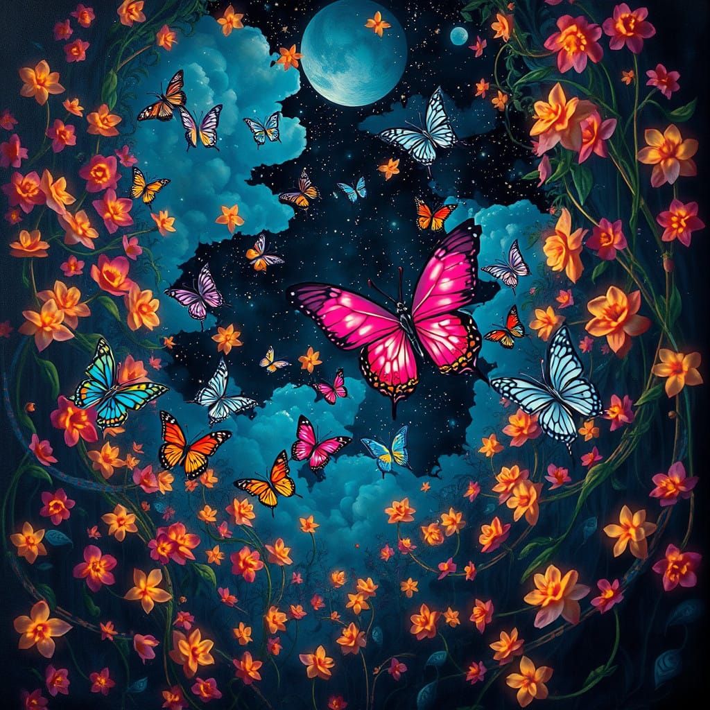 Surreal Butterflies Dance in Vibrant, Upside-Down Dreamscape