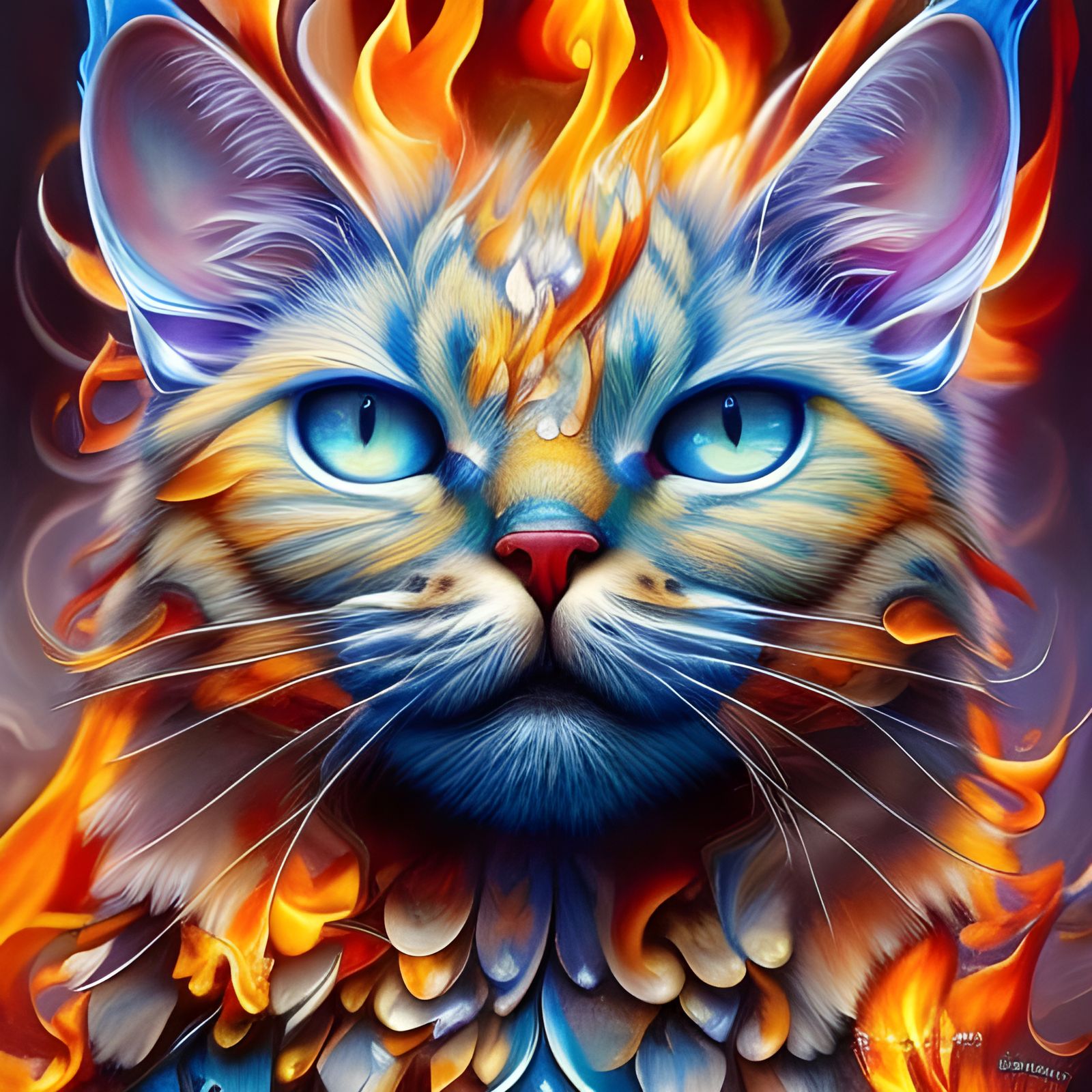 Fiery Blue Chibi Cat Portrait in Digital Art Style