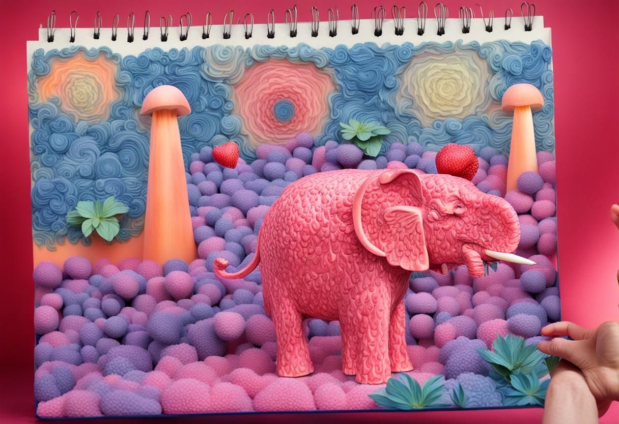 An elephant made out of strawberries in a surreal psychedelic landscape