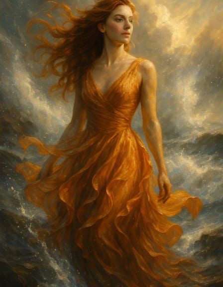 Radiant Woman on Rocky Coastline in Painterly Style