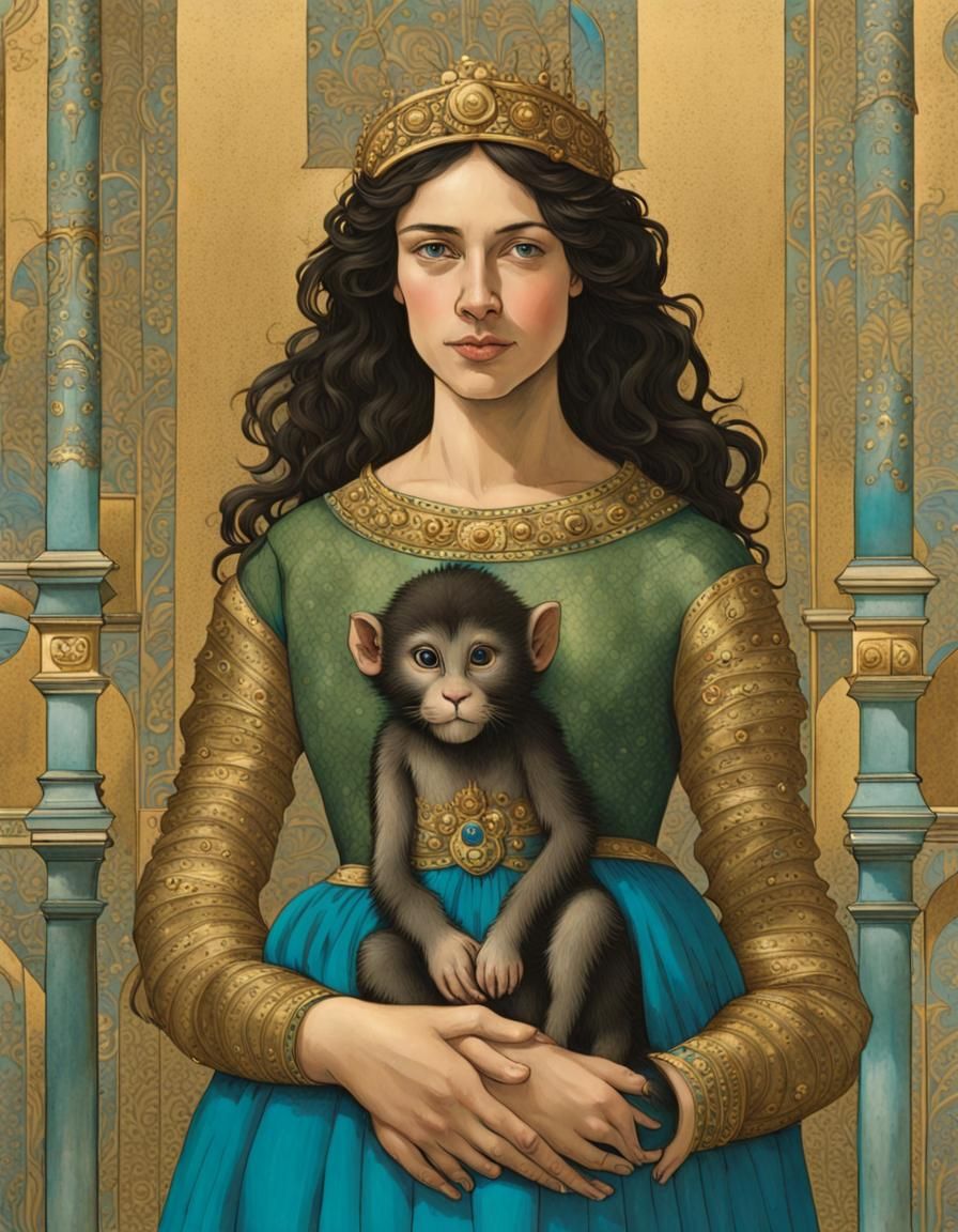 Medieval Sicilian Princess with Golden Monkey, Moebius Style