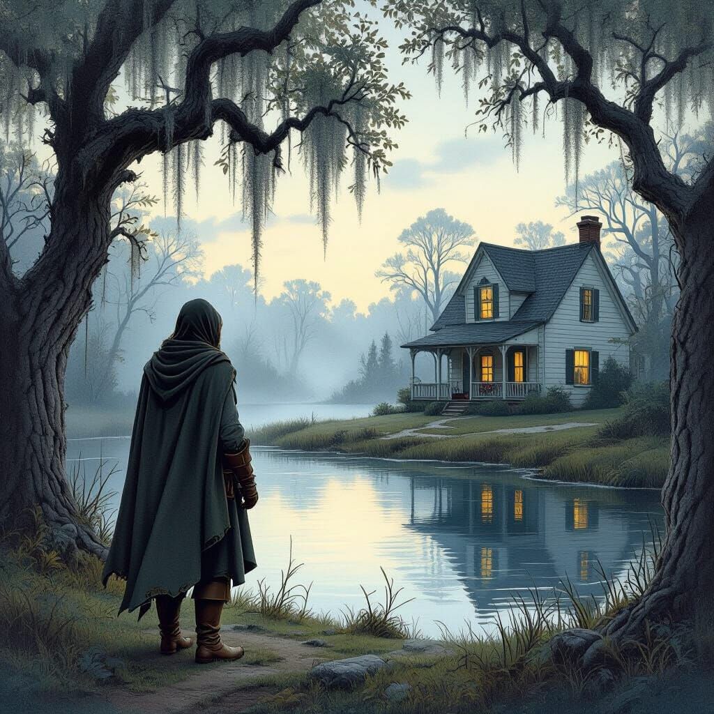 Misty Forest Traveler Gazes at Acadian House