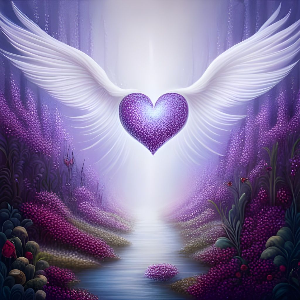 A purple heart with purple angel wings