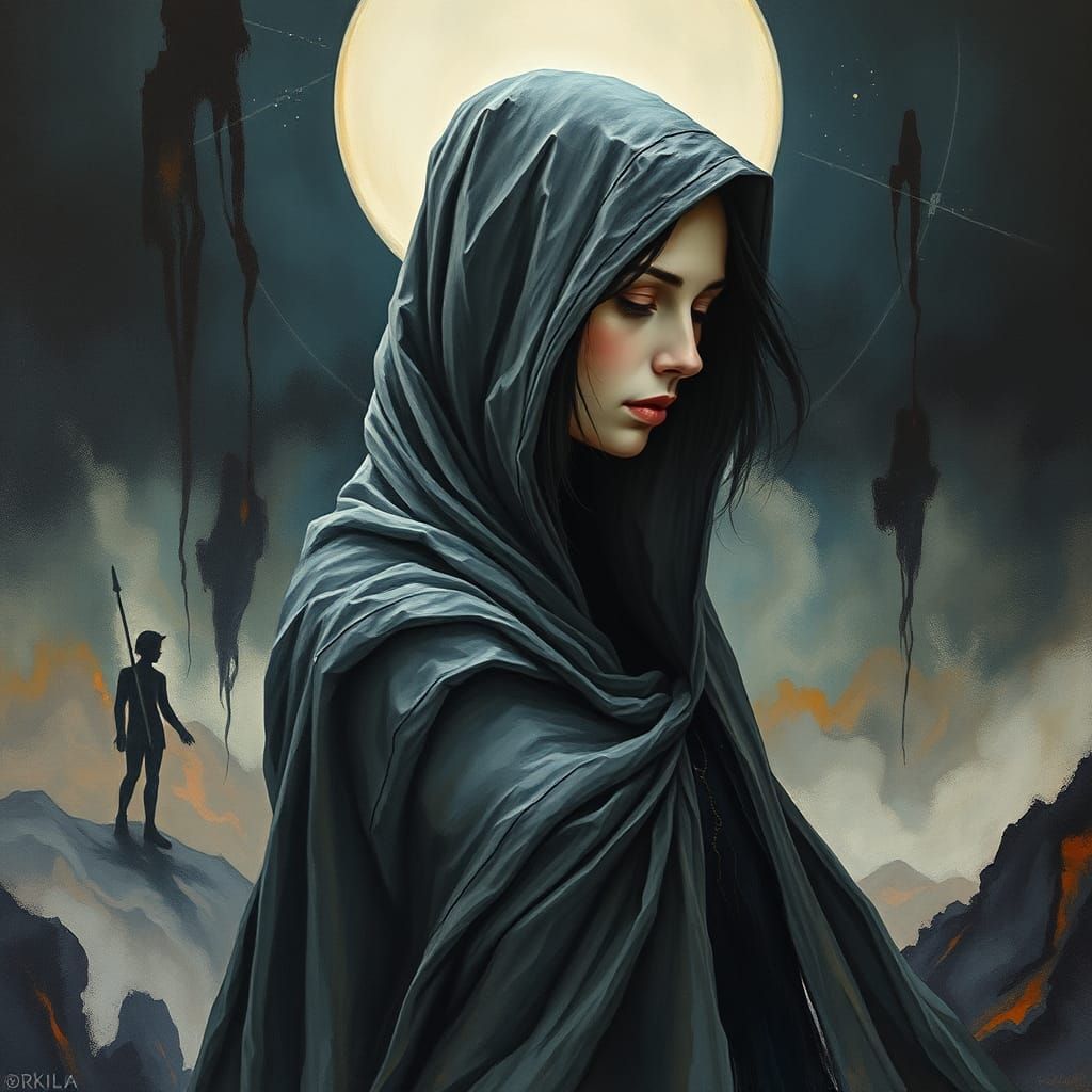 Melancholy Hooded Beauty in Impasto Watercolor