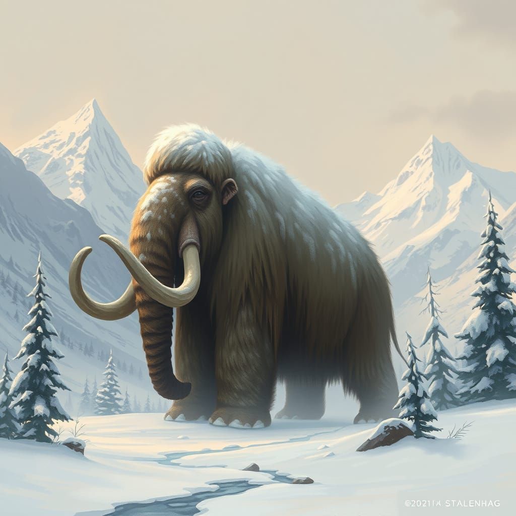 Woolly Mammoth in Snowy Valley Digital Painting