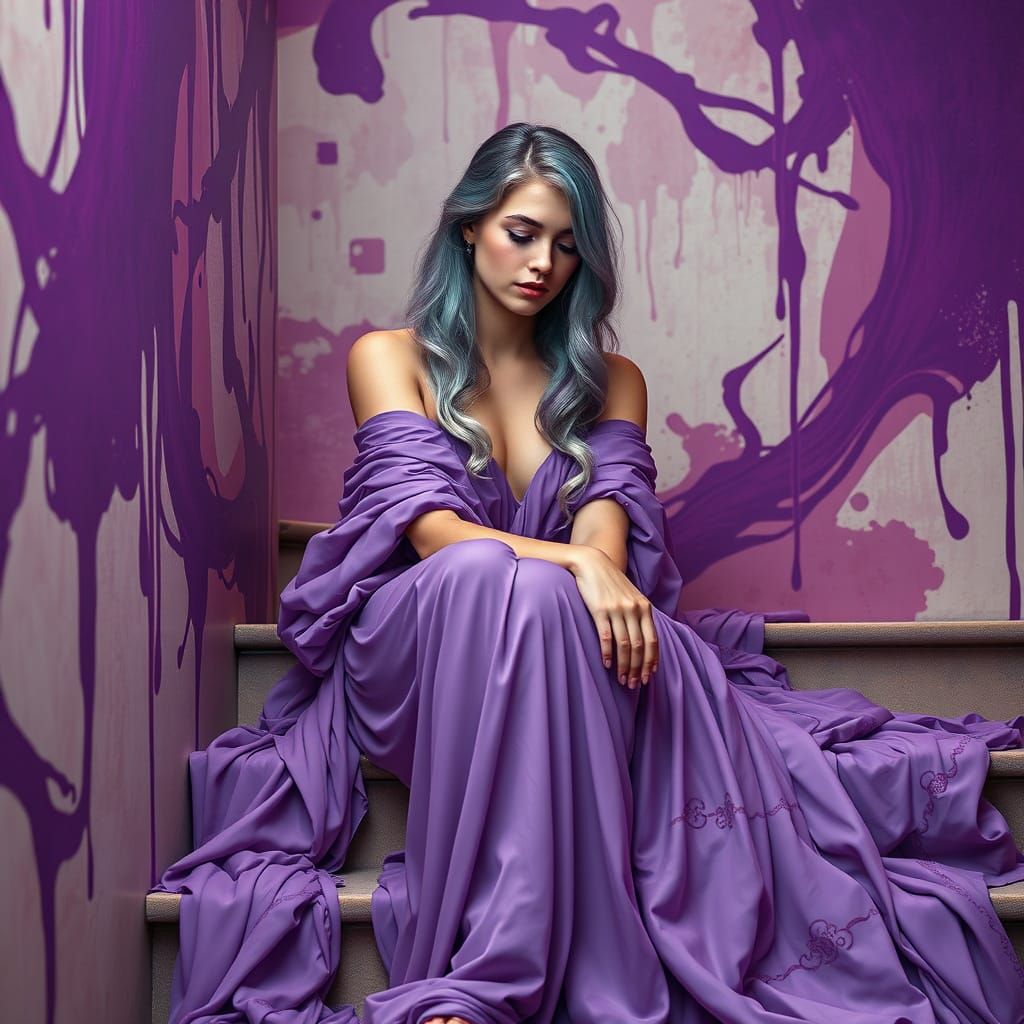 Ethereal Young Woman in Lavender Gown, Enveloped in Purple H...