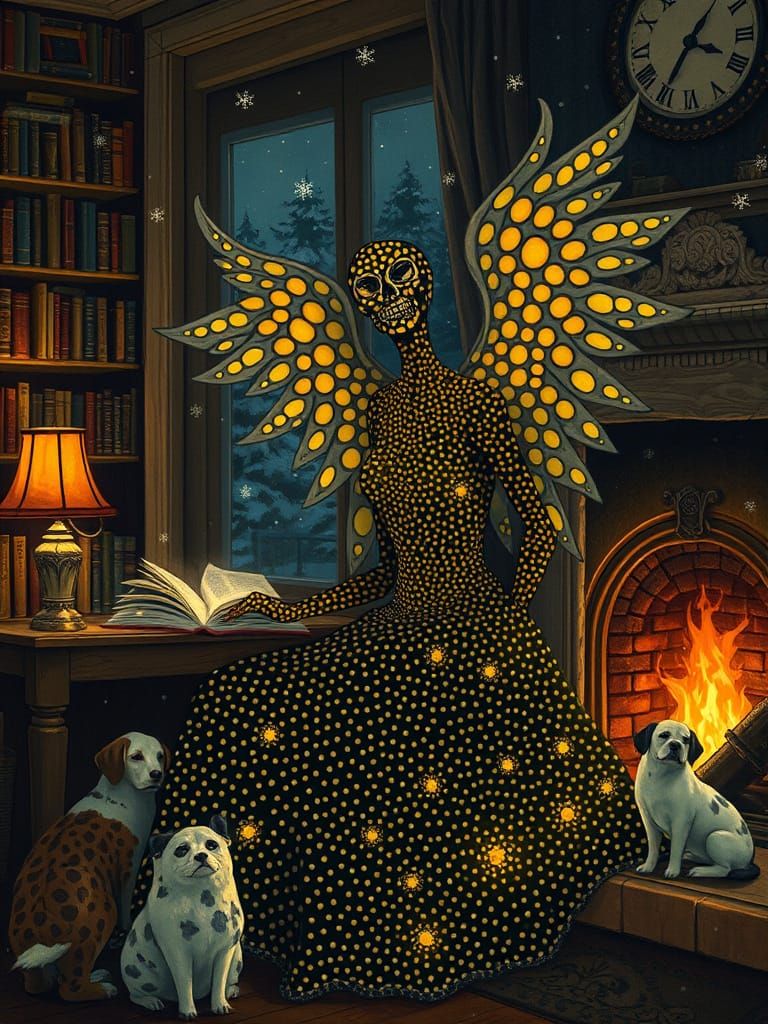 Ethereal Angel of Death in Whimsical Winter Wonderland Scene