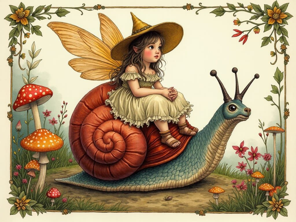 Fairy Queen Rides Snail: Intaglio Style Postage Stamp