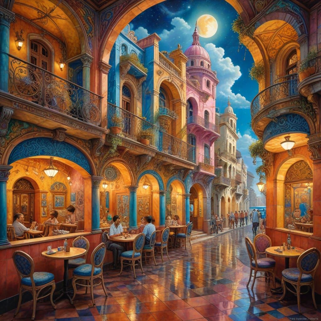 Cuban Cafe Street Scene with Surreal Sci-Fi Elements