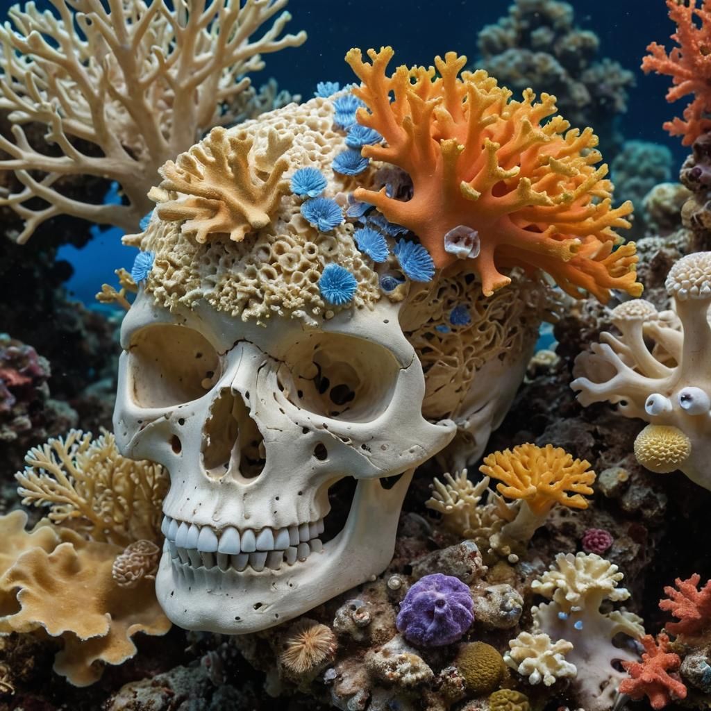 Colorful Coral Reef Envelops Ancient Skull