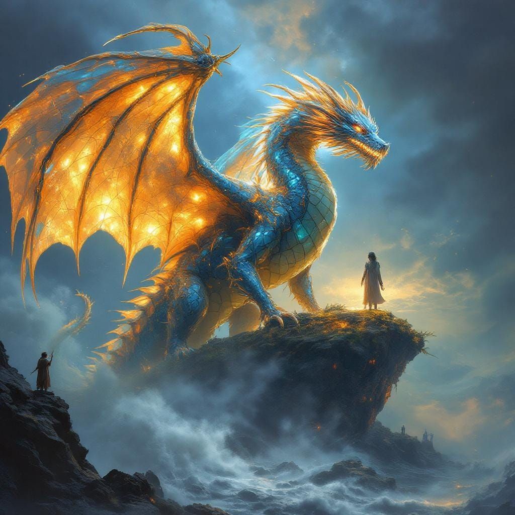 Crystal Dragon Perched Above Storm, Fantasy Realism