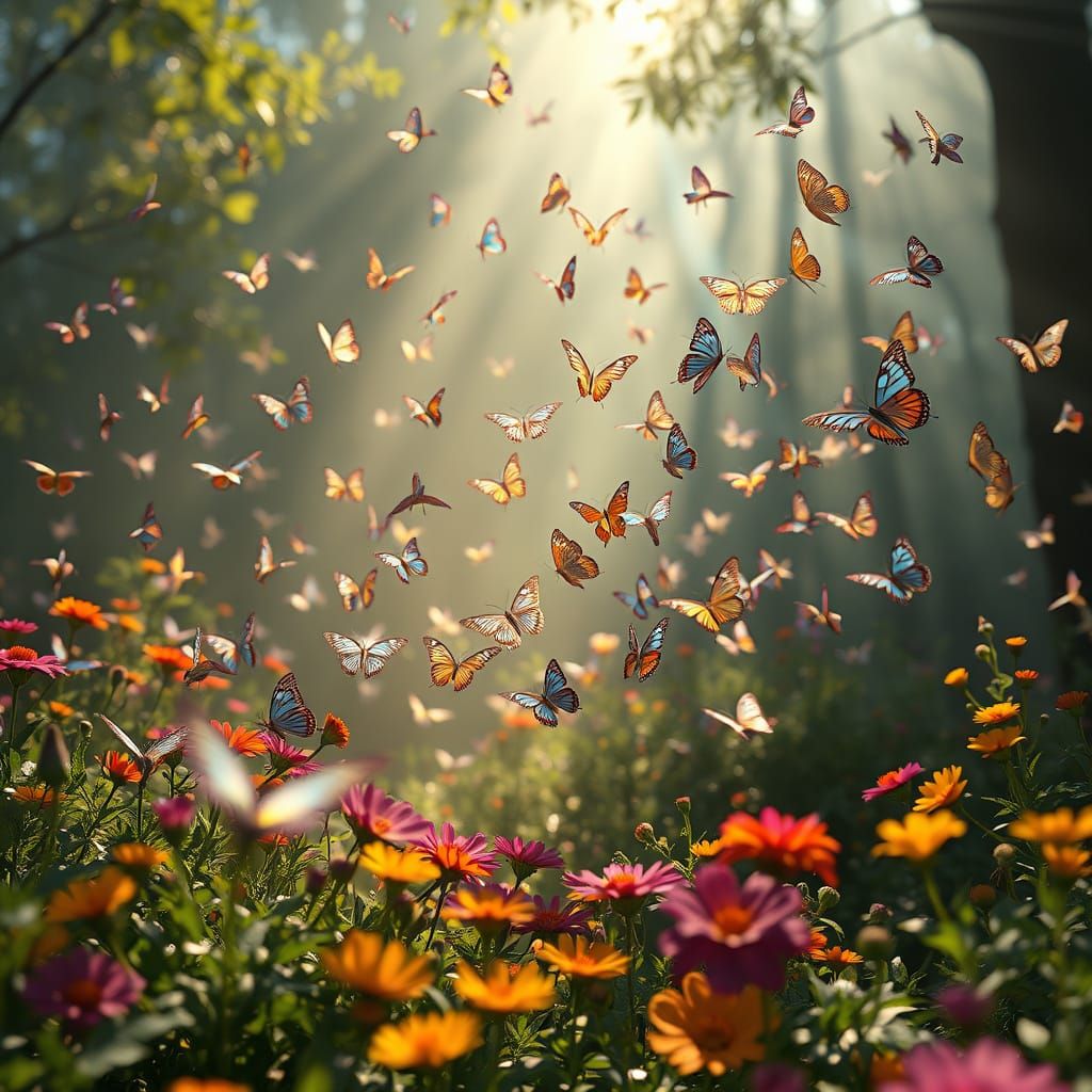 Surreal Iridescent Butterflies Dance in a Misty Forest Glade