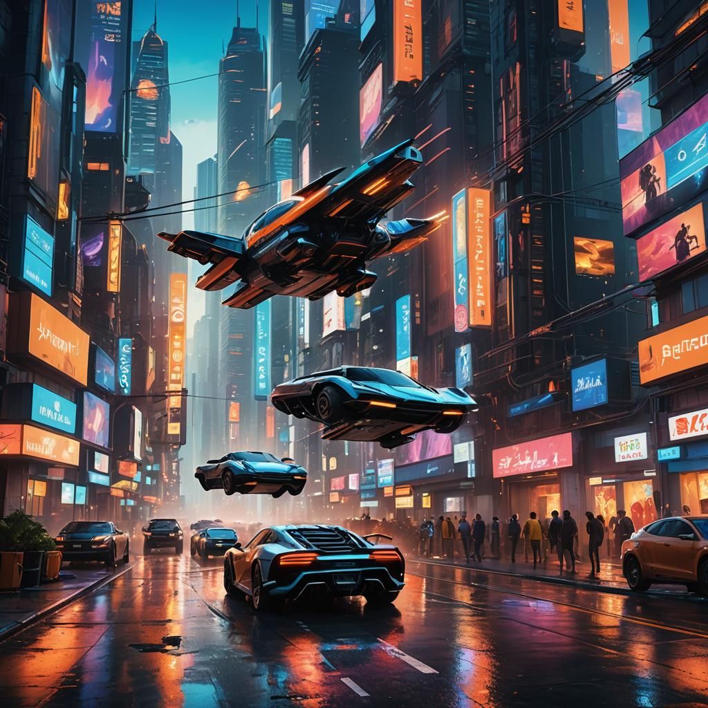Futuristic Cityscape with Flying Cars in Hyperrealism