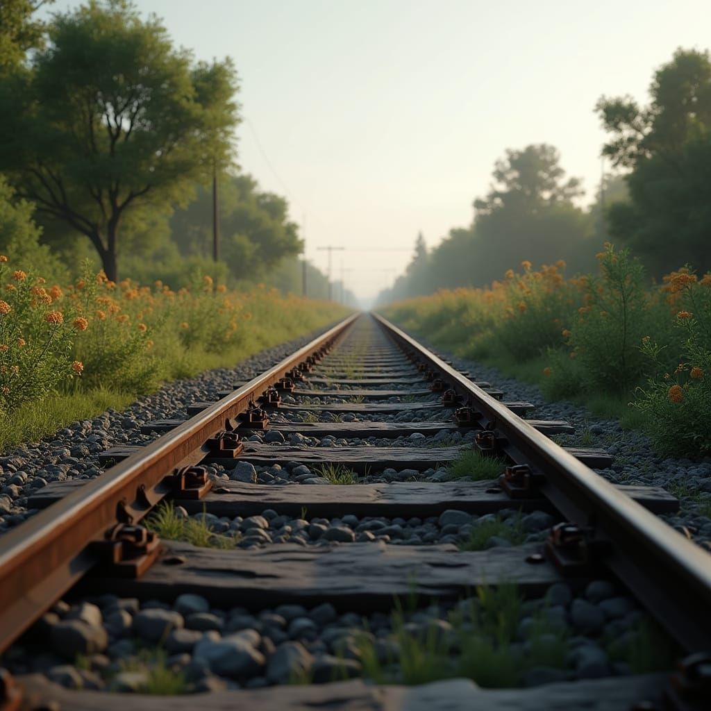 Rusty Trains on Tracks in Lush Scenery