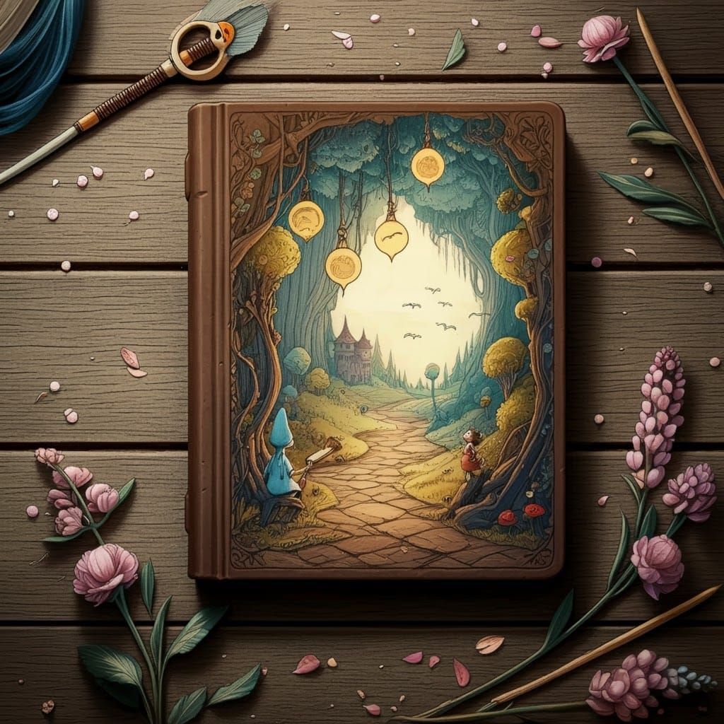 Whimsical Book on Wooden Table: Cartoon Illustration