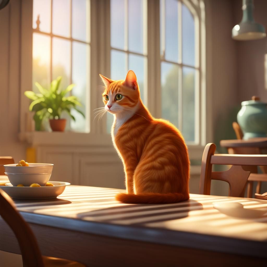 Orange Tabby Cat Watching Birds: 3D Digital Art