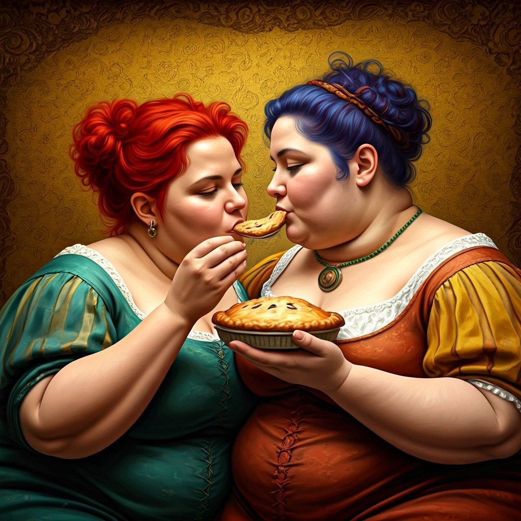 Medieval Lesbian Couple Share Pie in Abstract Art Style
