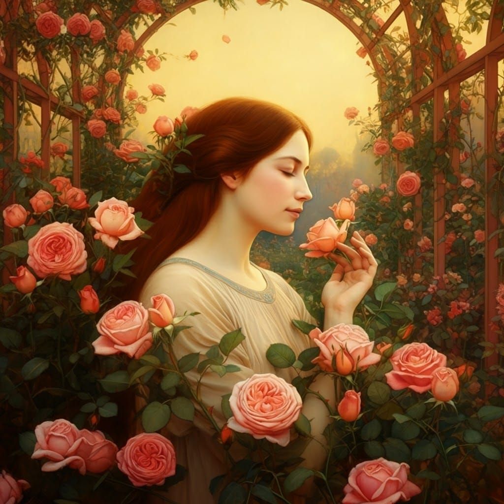 Woman in Rose Garden: Pre-Raphaelite Style