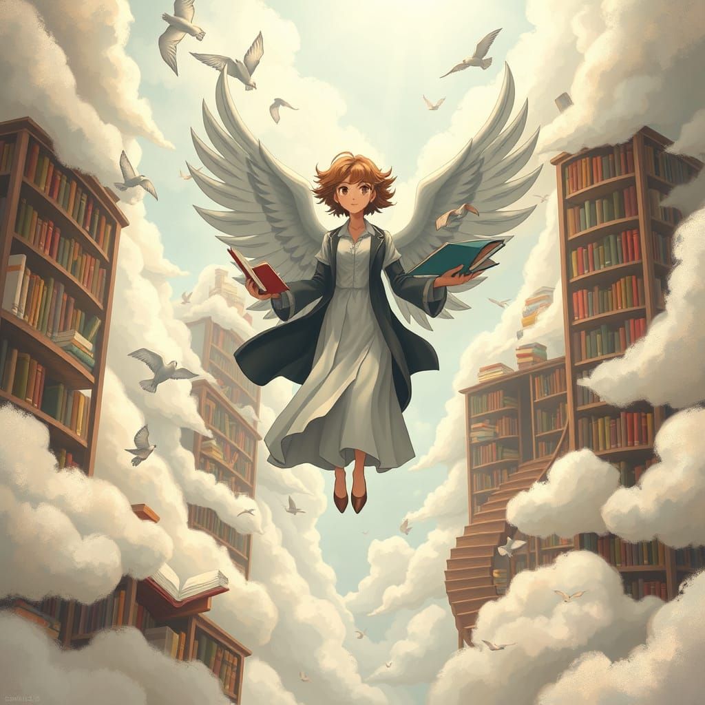 Winged Librarian in Floating Cloud Library