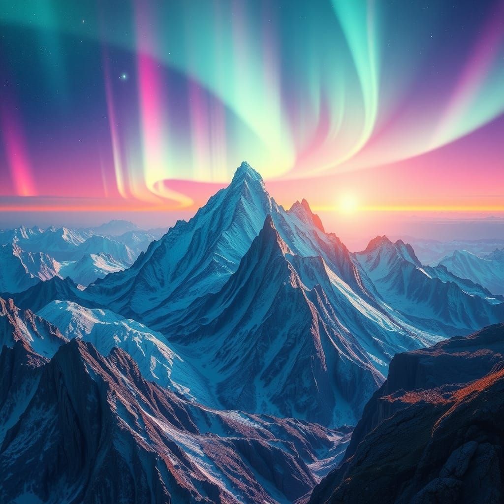 Crystal Mountains on Alien Planet with Aurora Borealis
