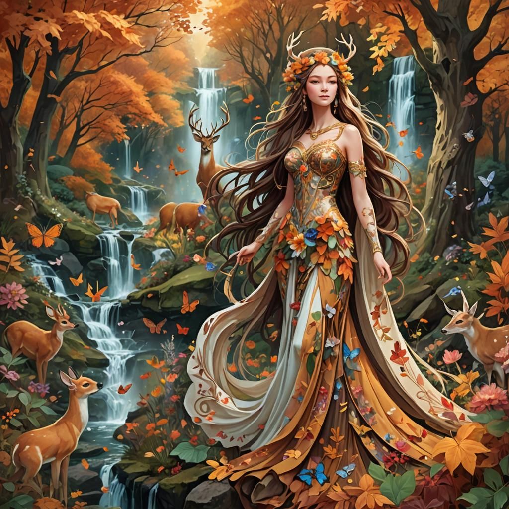 Goddess in Autumn Forest: Supernatural Digital Art