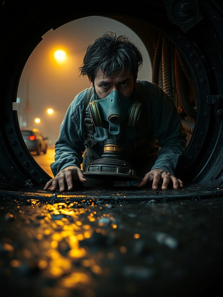 Weary Sanitary Worker Emerges from Manhole in Grimy Urban La...