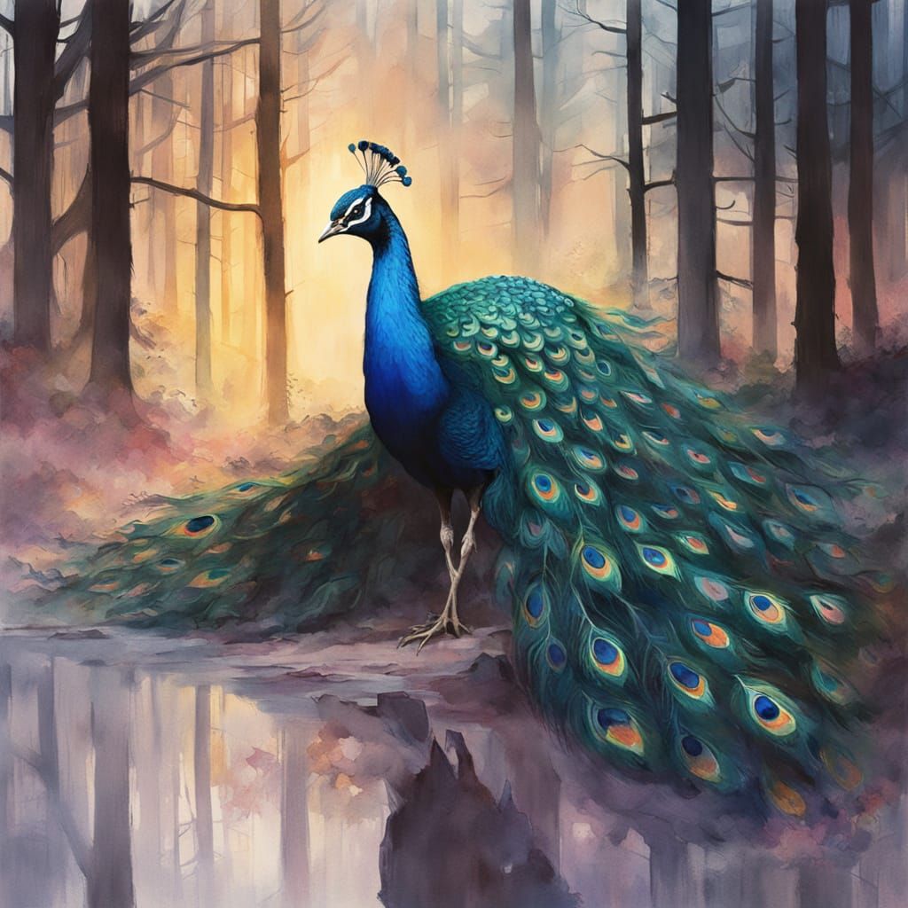 Majestic Peacock at Sunrise in Mystical Forest