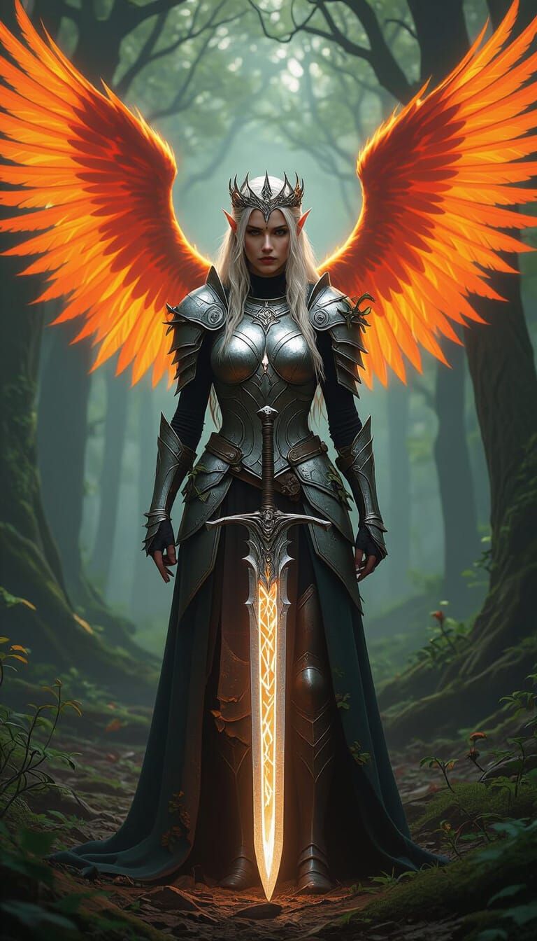 Elven Queen in Ancient Forest with Phoenix Wings