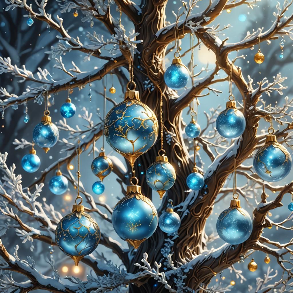 Glowing Christmas Ornaments on a Frosty Tree